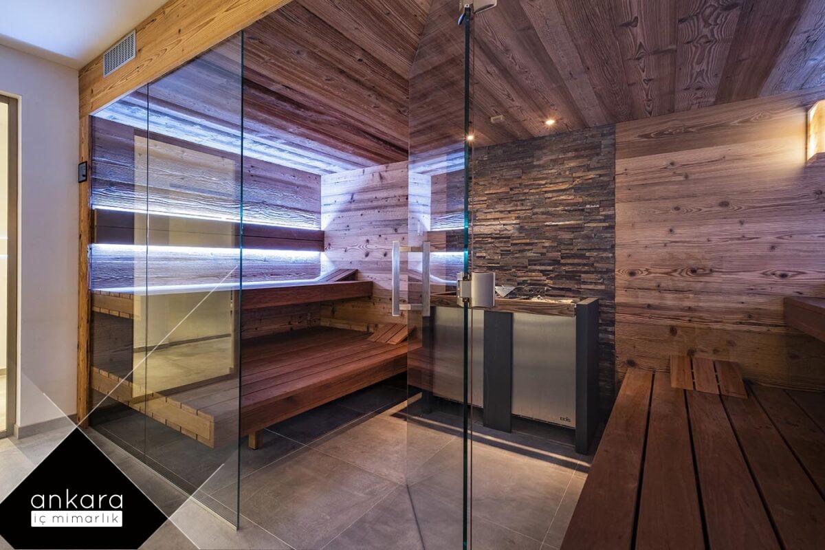 villalarda Fin hamamı tasarımında ahşap ve doğal malzemeler