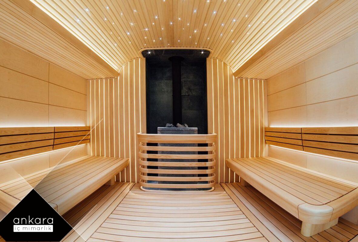 villalarda Fin hamamı tasarımında ahşap ve doğal malzemeler